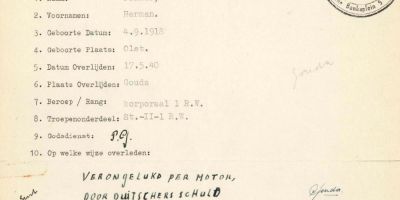 Document waarop staat dat de dood van Herman door "Duitscher schuld" heeft plaatsgevonden.